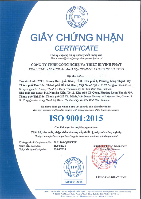 Chứng nhận quản lý chất lượng ISO 9001:2015 Công ty TNHH Công Nghệ Và Thiết Bị Vĩnh Phát