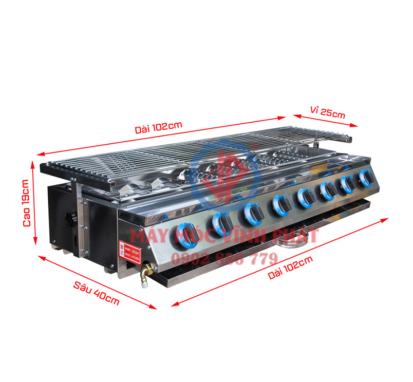 Kích thước của bếp nướng 8 họng bằng gas, bếp gas lò nướng công nghiệp giá rẻ