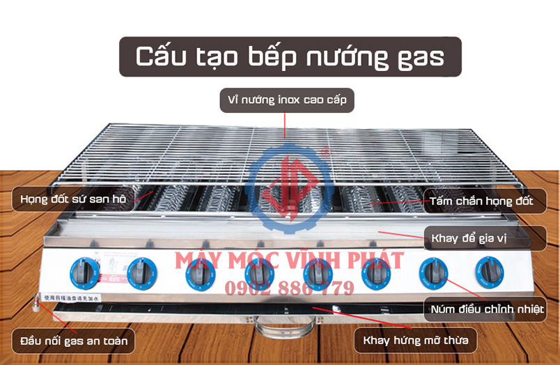 Các bộ phận của bếp nướng 8 họng bằng gas, lò nướng gas Vĩnh Phát