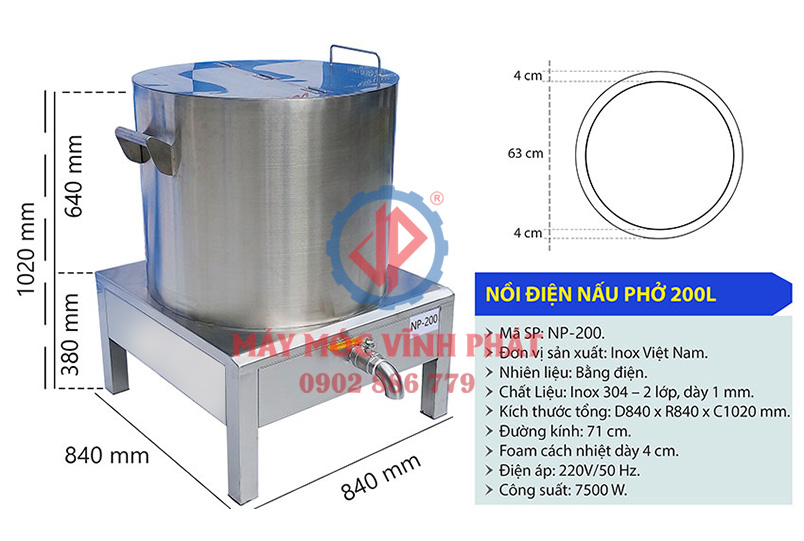Nồi nấu phở bằng điện 200 lít Máy Móc Vĩnh Phát sản xuất
