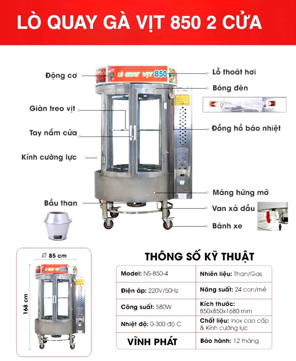Cấu tạo lò quay vịt 850 kính xoay của Vĩnh Phát